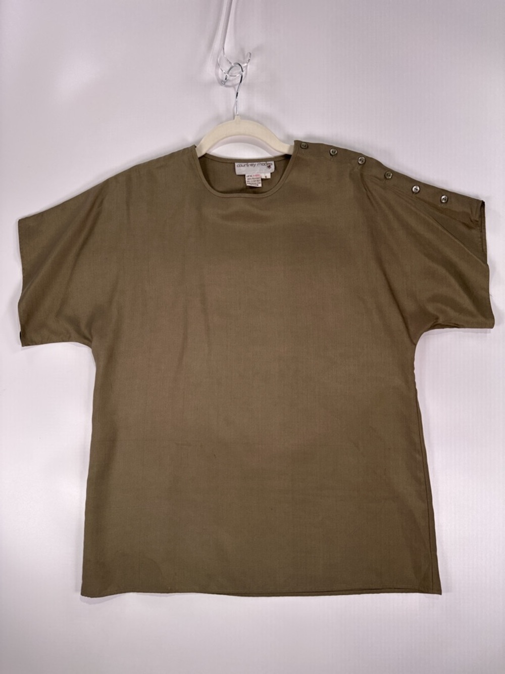 Courtney Rhodes Vintage 100% Fuji Silk Button Top Khaki 6 - Picture 2 of 7